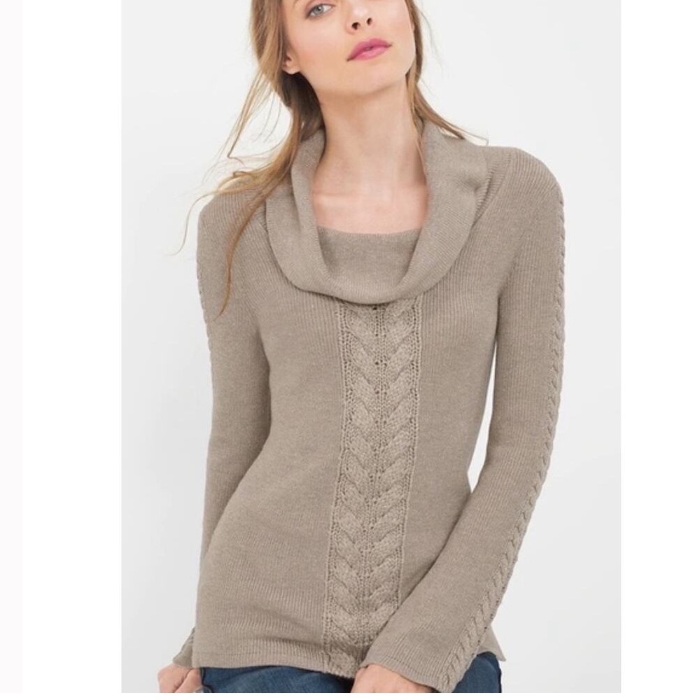 WHBM TAUPE CABLE FRONT COWL NECK SWEATER